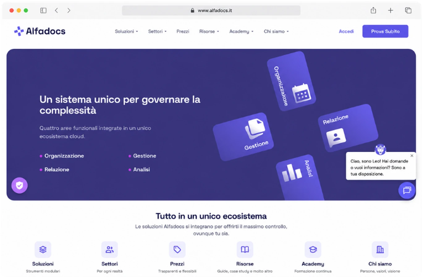 Homepage del gestionale AlfaDocs, cliente Socialee per le campagne Google Ads