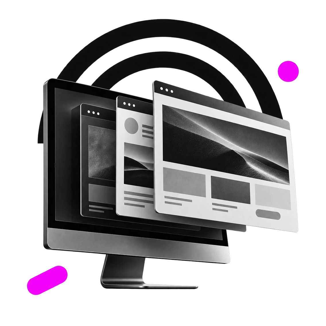 Monitor desktop con una pagina web che si stacca in tre livelli sovrapposti