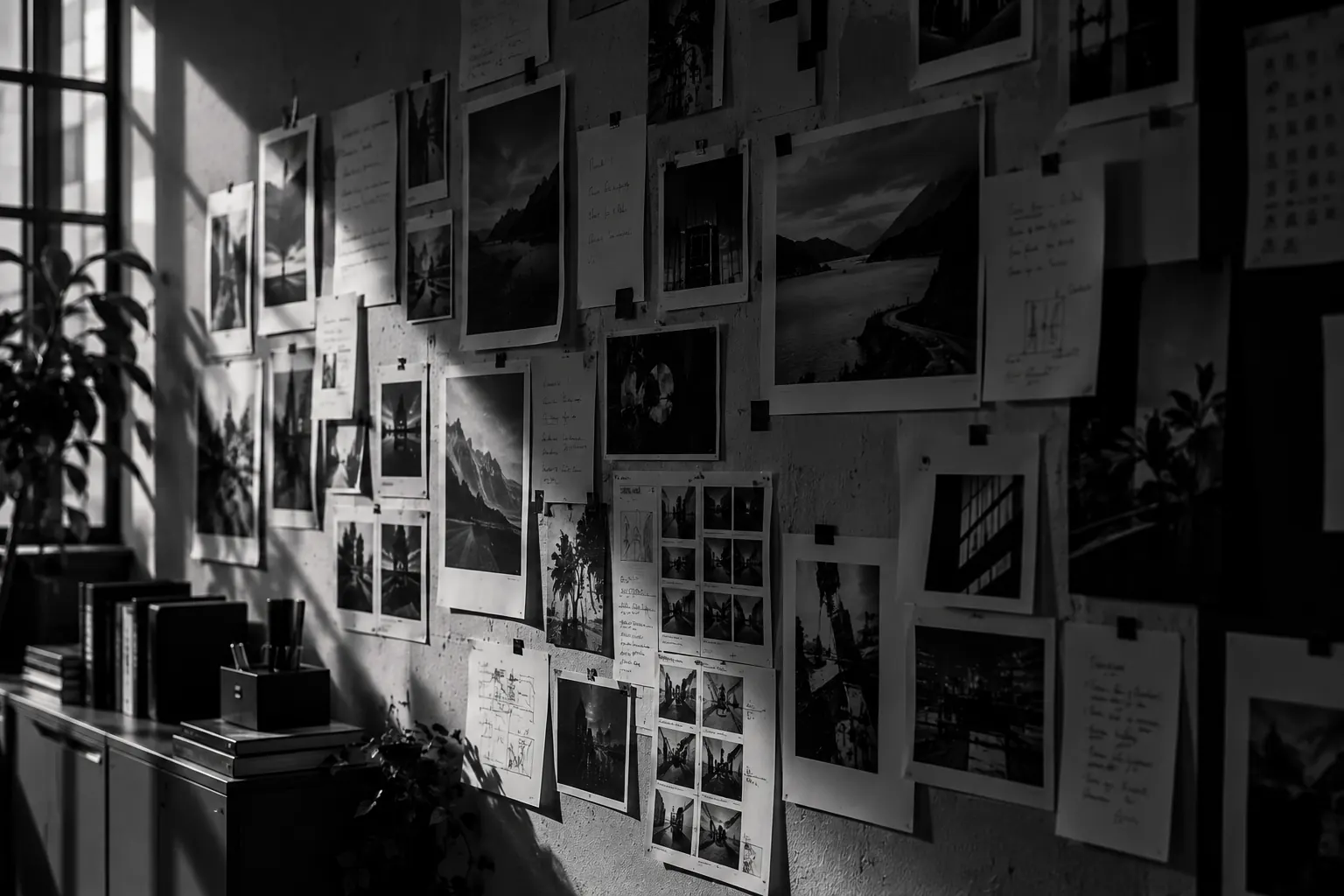 Parete di ufficio con stampe fotografiche e appunti attaccati in griglia, attraversata da una luce laterale dura