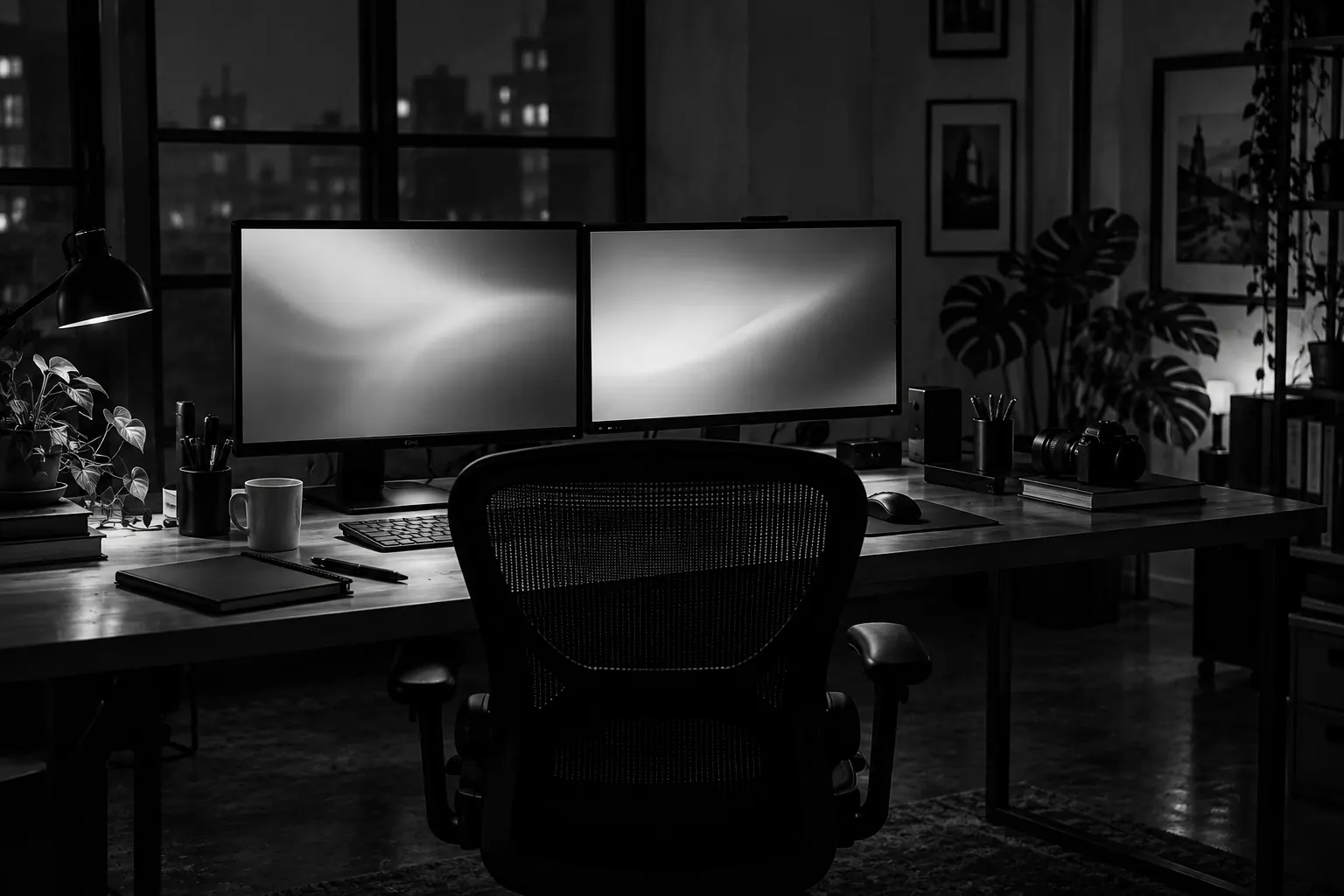 Postazione di lavoro con due monitor accesi e la sedia vuota, in una stanza in penombra