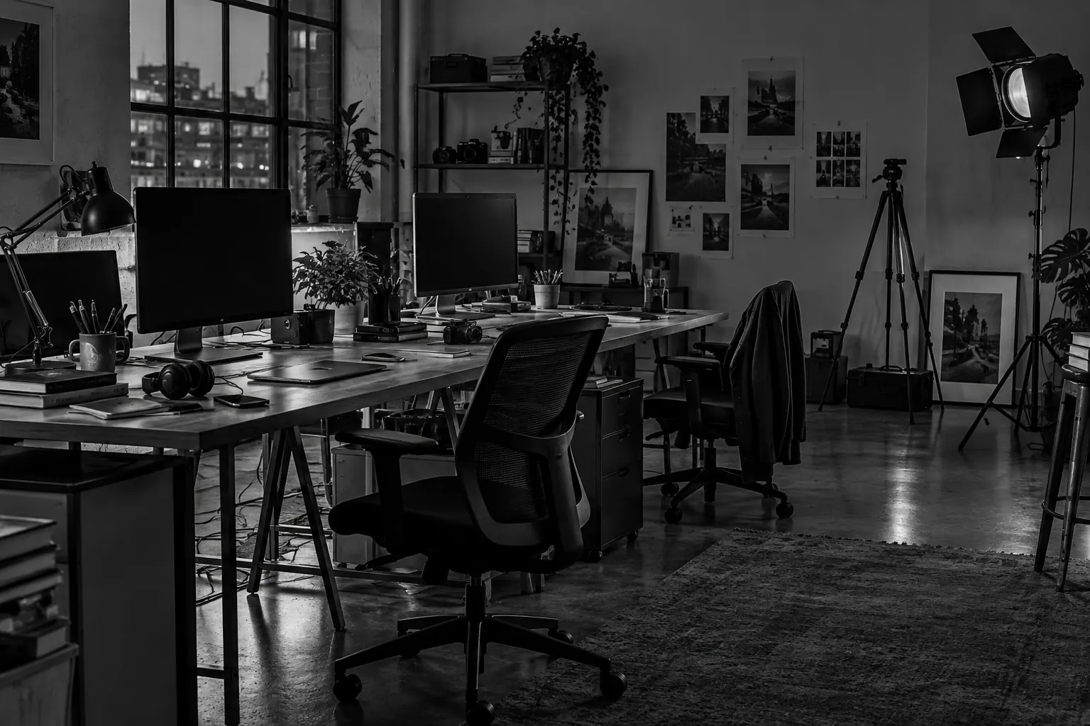 Interno dello studio creativo Socialee a fine giornata: scrivanie affiancate, monitor spenti, un cavalletto e una luce da set nell'angolo