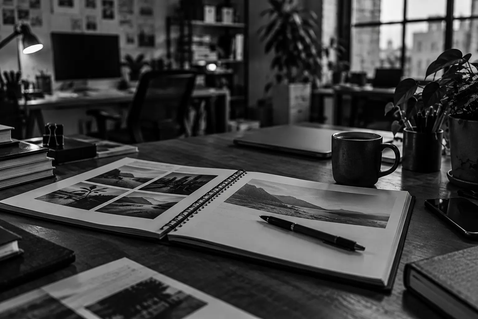 Scrivania con un album di progetto aperto, una penna appoggiata di traverso e una tazza di caff&egrave;, ufficio sfocato sullo sfondo