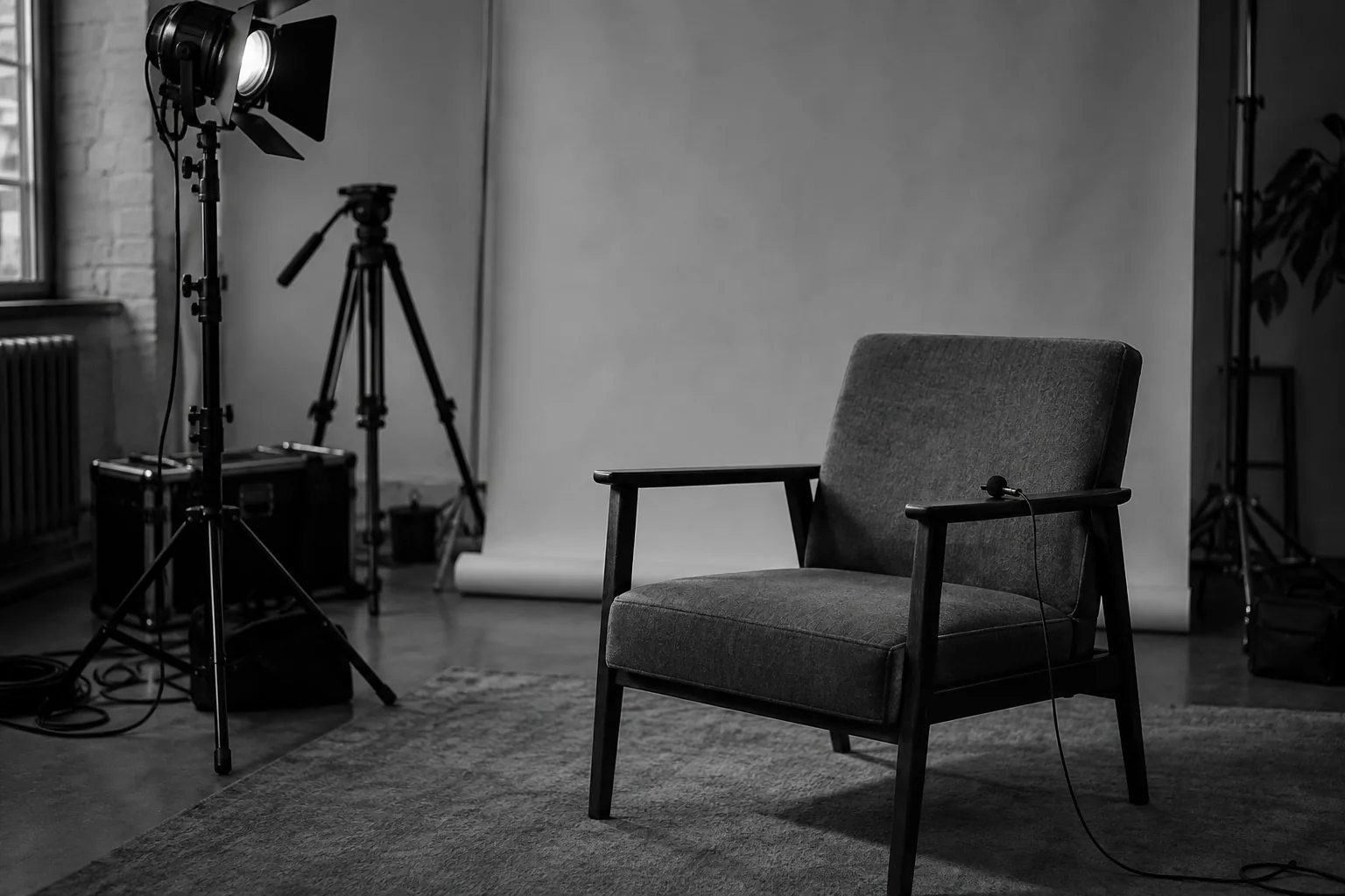 Set di ripresa per un'intervista con la sedia vuota davanti al fondale, microfono a clip sul bracciolo e luce da set accesa di lato