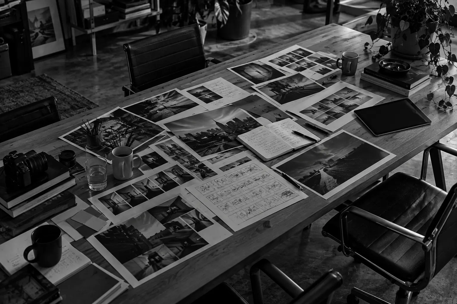 Grande tavolo di lavoro visto dall'alto, coperto di stampe fotografiche, storyboard, un tablet e un blocco di appunti aperto