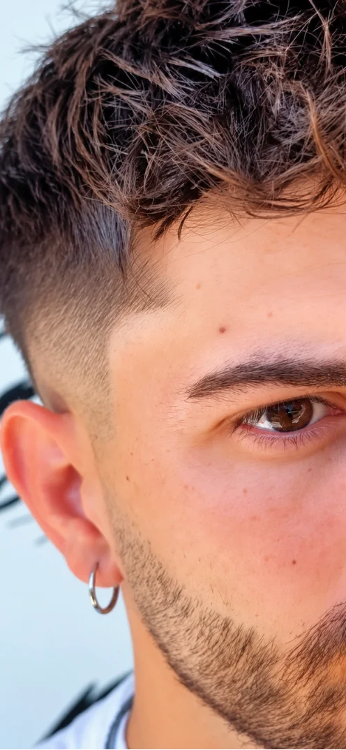 Primo piano di un taglio di capelli maschile con rasatura sfumata e barba curata