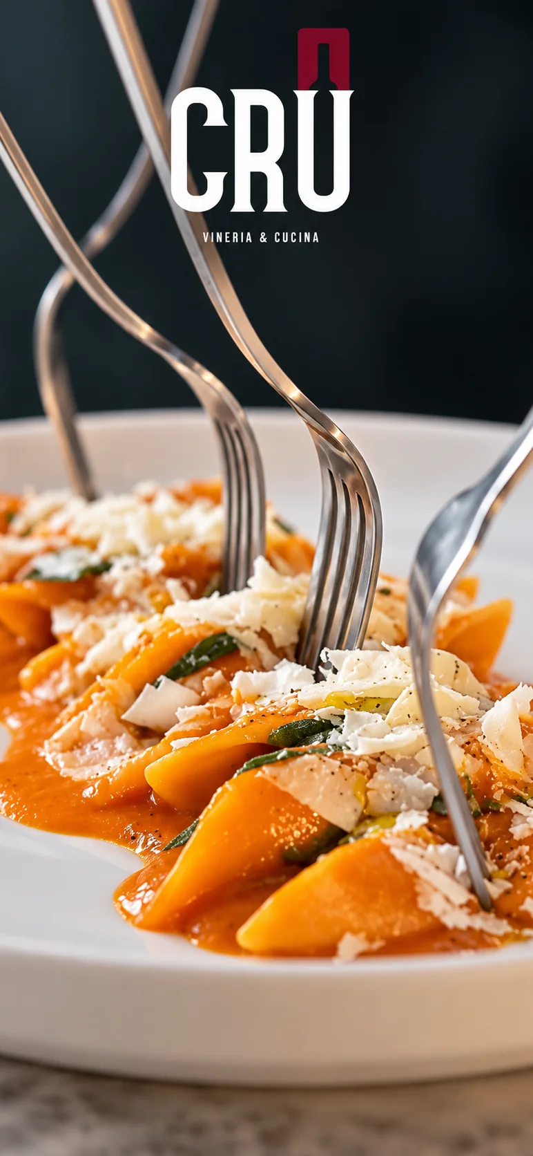 Piatto di pasta fresca con salsa al pomodoro e scaglie di formaggio, CRU Vineria & Cucina