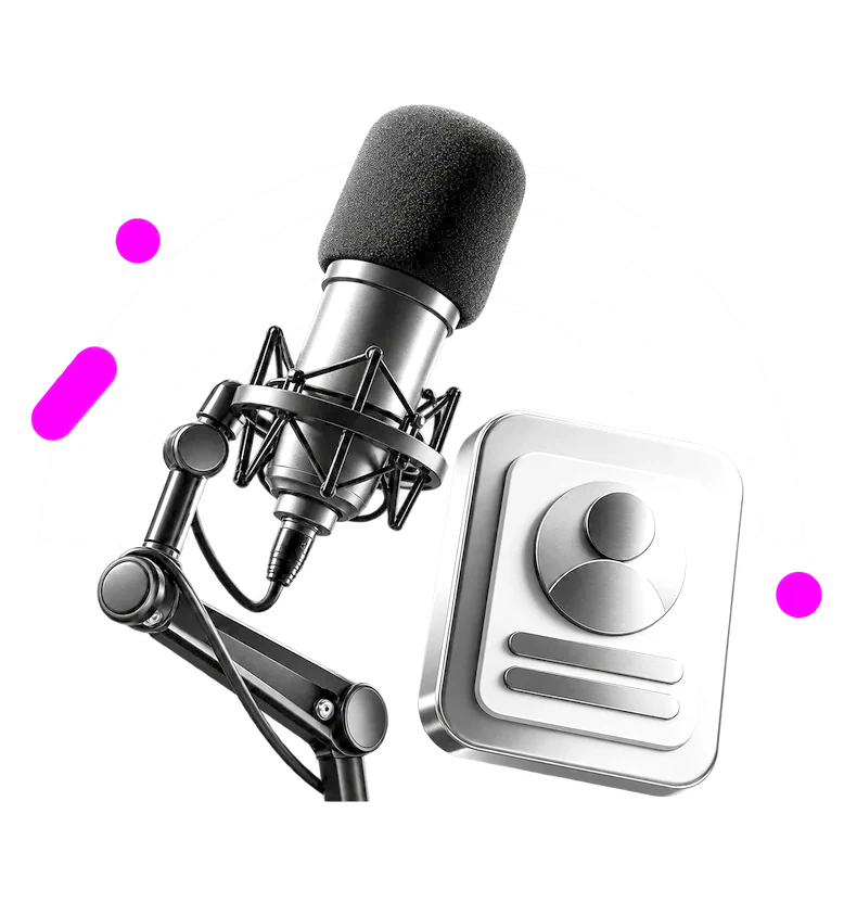 Microfono da podcast su braccio snodato affiancato da una scheda profilo tridimensionale vuota