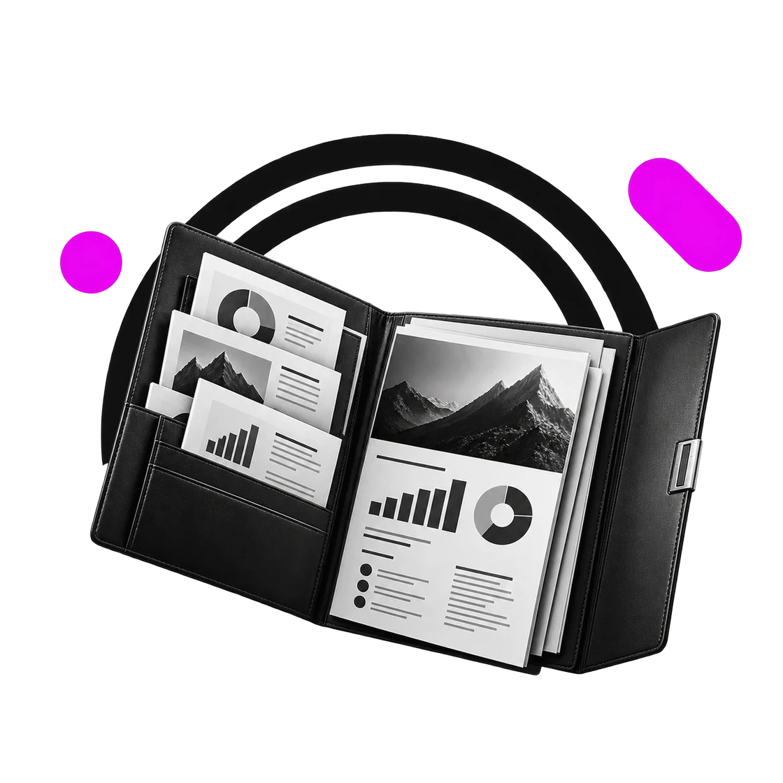 Cartellina porta-documenti aperta con un pitch deck e alcuni one-pager