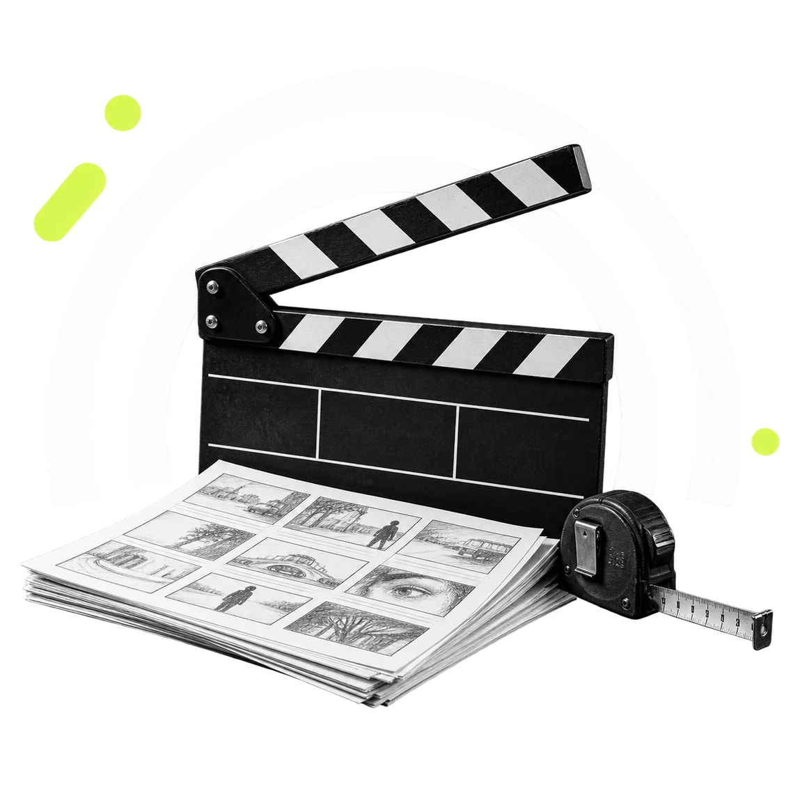 Ciak da regia aperto appoggiato su un tavolo insieme a un fascio di fogli di storyboard e a un metro da scena