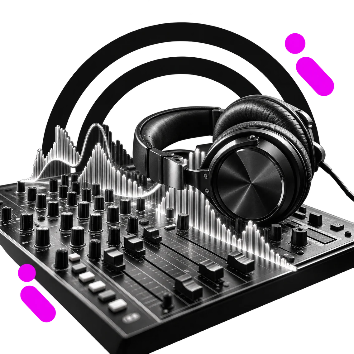 Cuffie da monitoraggio audio appoggiate su un mixer, con una forma d'onda tridimensionale che esce dai comandi