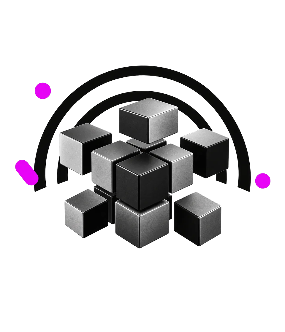 Cubo tridimensionale scomposto in moduli separati sospesi