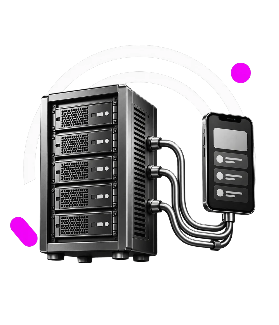 Server rack collegato con tubi a un piccolo smartphone