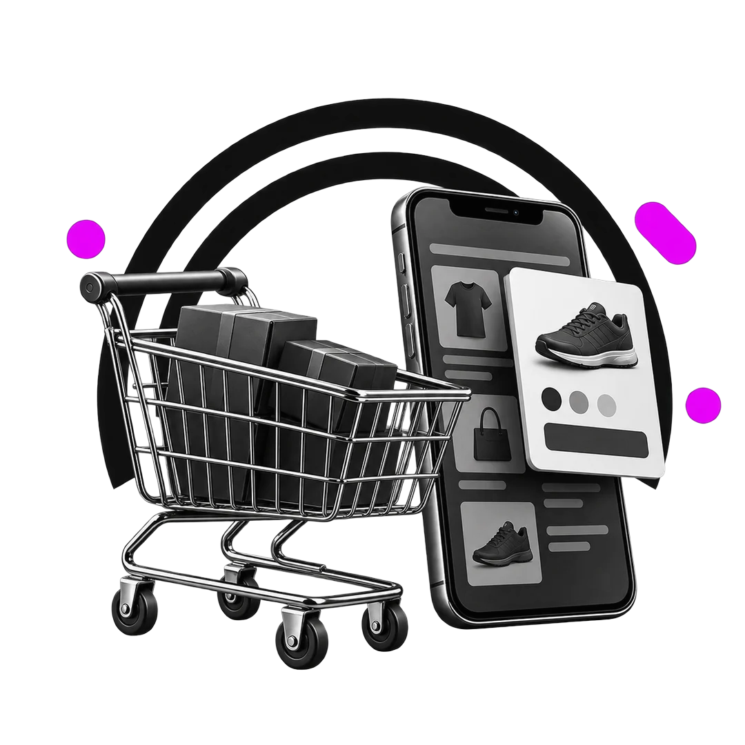 Carrello della spesa tridimensionale affiancato da uno smartphone con la scheda di un prodotto