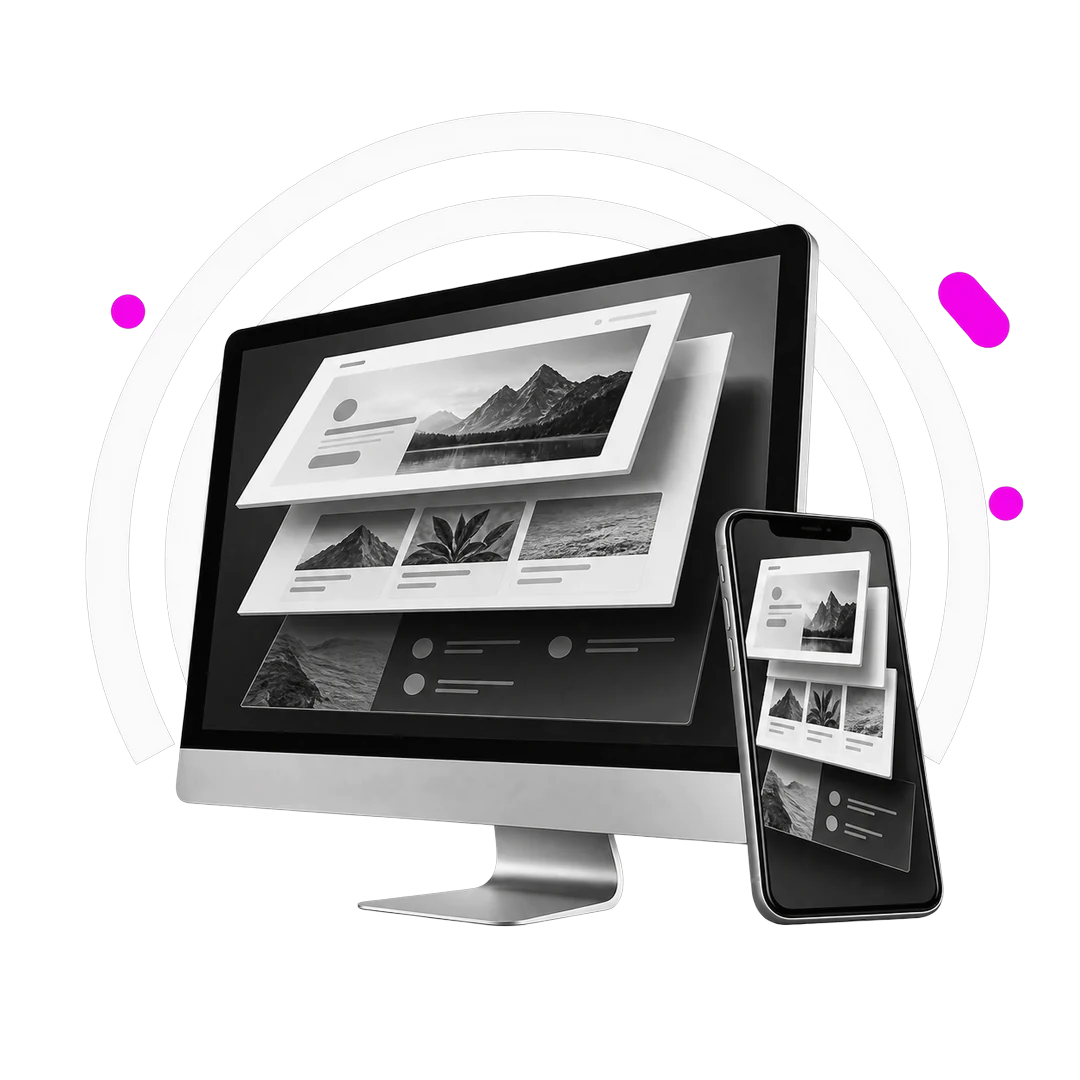 Monitor desktop e smartphone affiancati con la struttura della pagina divisa in livelli sovrapposti