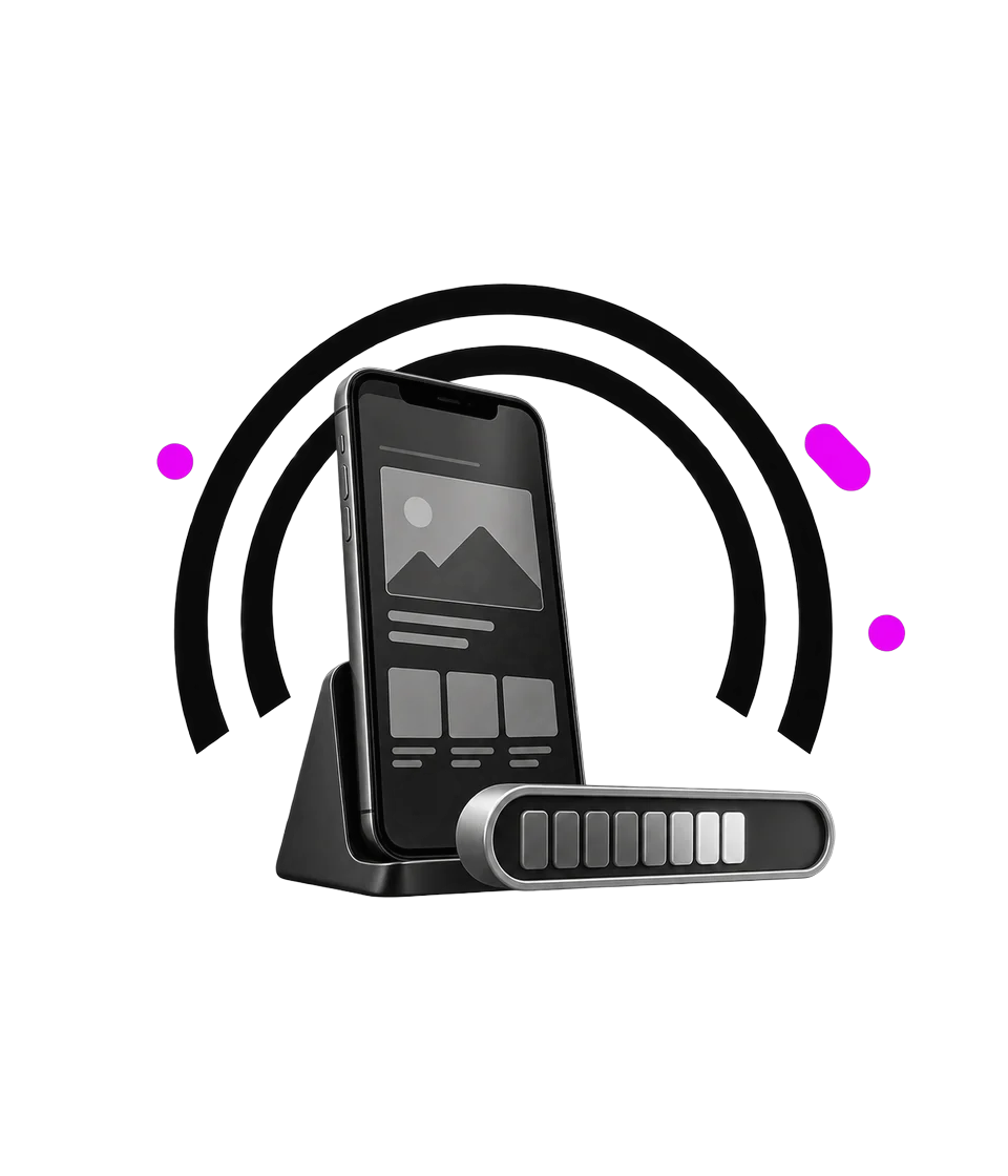 Smartphone verticale su un supporto con una barra di caricamento tridimensionale accanto