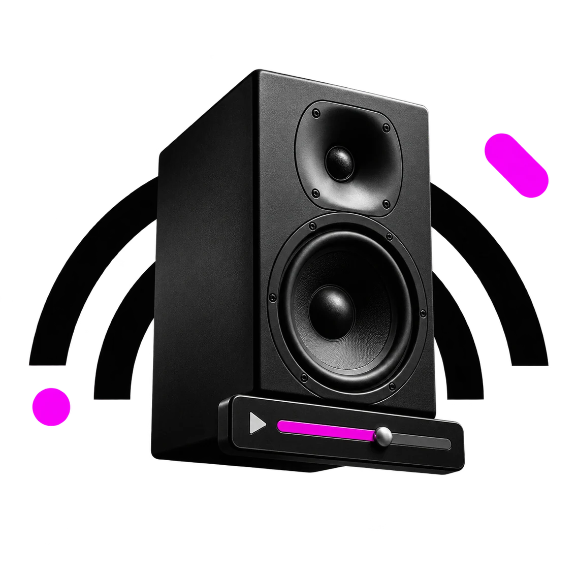 Monitor da studio con una barra di riproduzione tridimensionale che gli esce dal bordo inferiore